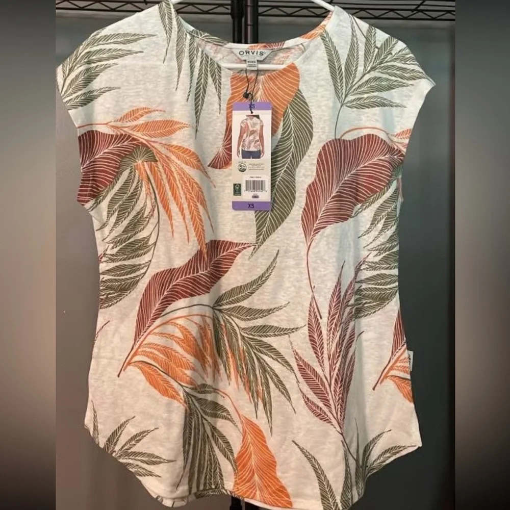 22 Orvis Women's Leaf Print Blouse - Green and Orange - Picture 3 of 3